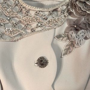 Louise Ricci Dove Gray lined Designer Suit. The hem jacket is scalloped & skirt.